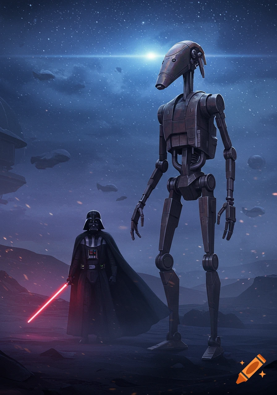 Darth Vader with a red lightsaber and a tall B1 battle droid stand on a dusty alien planet under a starry night sky. Digital painting.