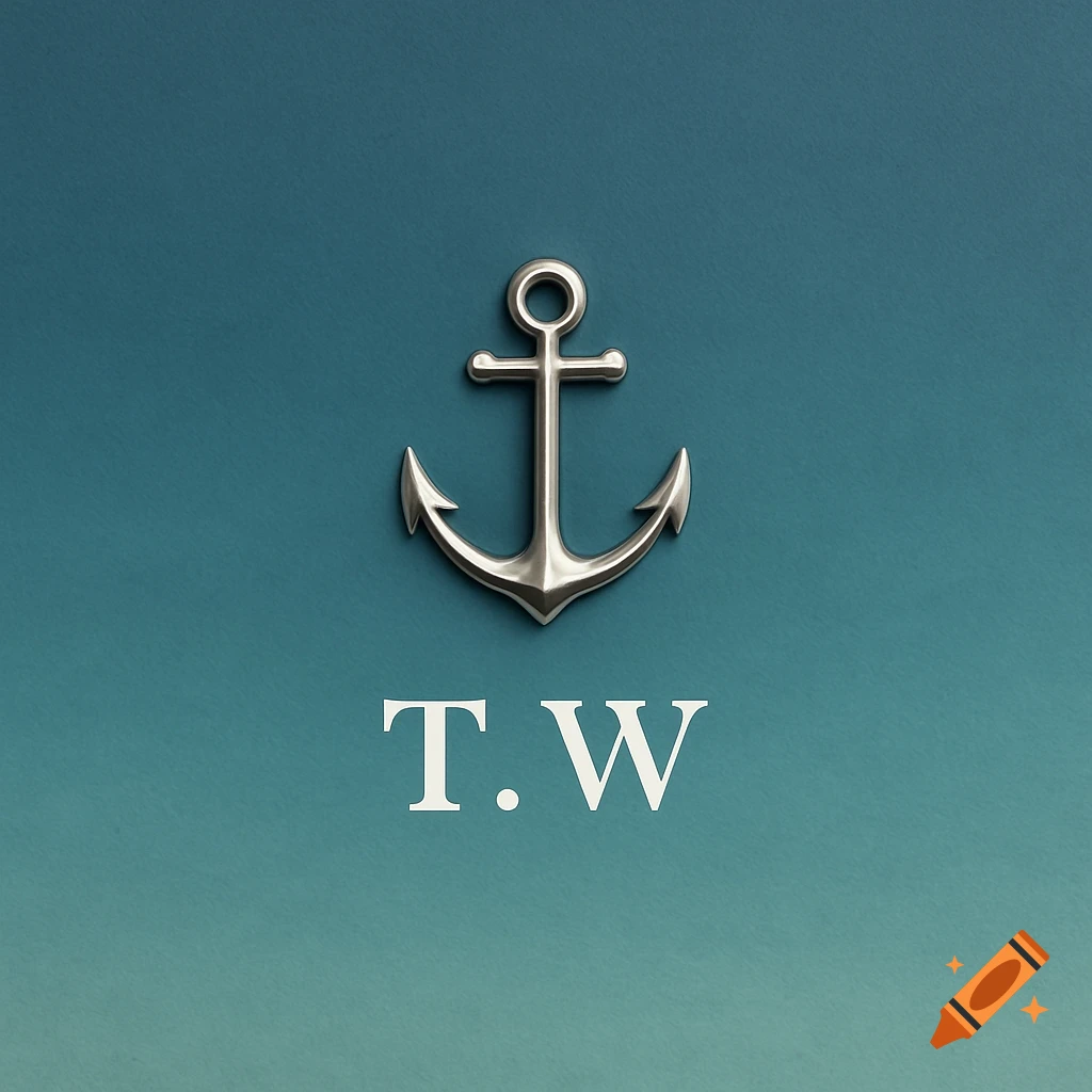 A silver anchor centered on a blue-green gradient background with the letters T.W below it.