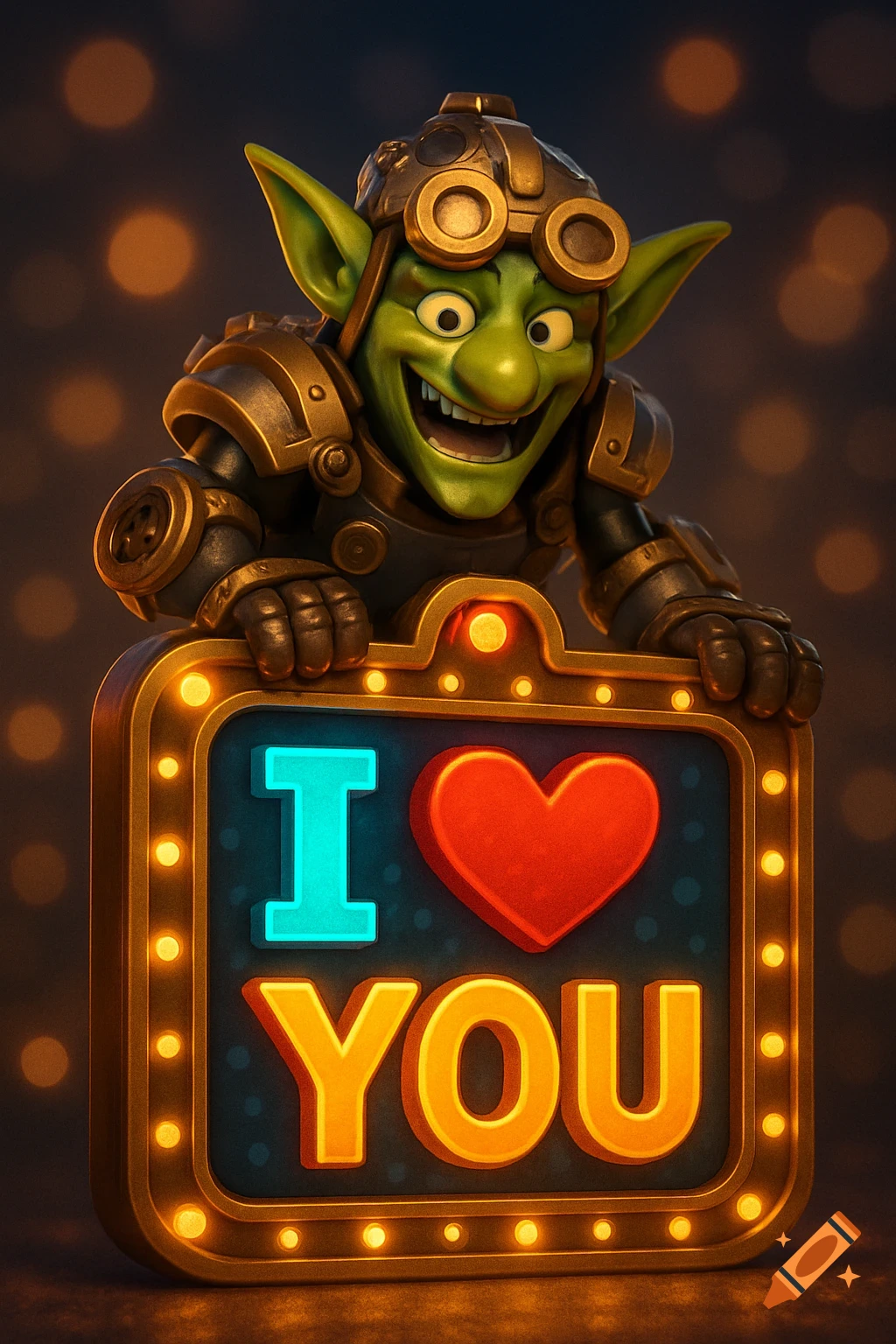 A happy, stylized goblin in armor holds a glowing sign that reads 'I ❤️ YOU' against a bokeh background.