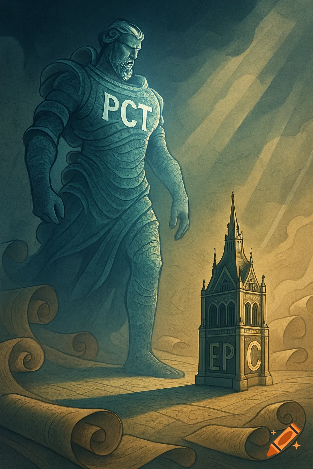 A giant armored stone statue with 'PCT' on its chest looms over a small gothic building with 'EPC' on its base, in a dramatic, illustrative style.