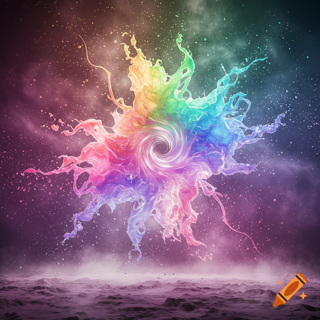 A vibrant, rainbow-colored liquid splash swirls with tendrils and particles against a dark cosmic background with a textured ground.