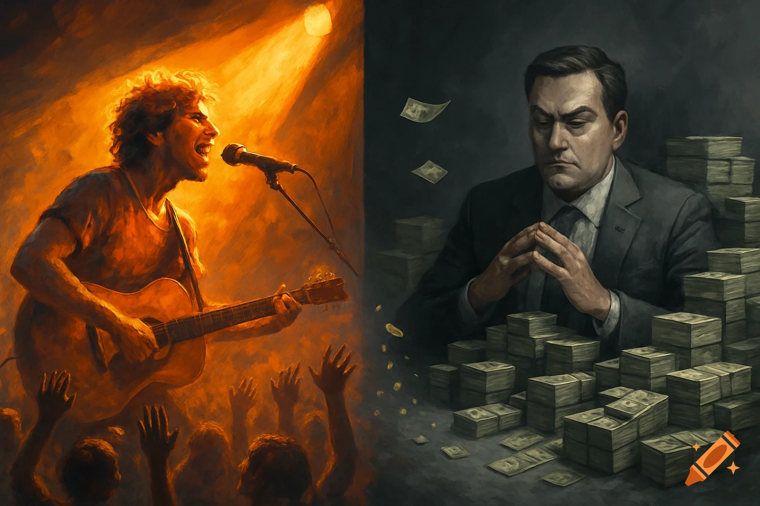 A painting split in two: left, a musician plays guitar on a brightly lit stage; right, a businessman sits among stacks of cash.