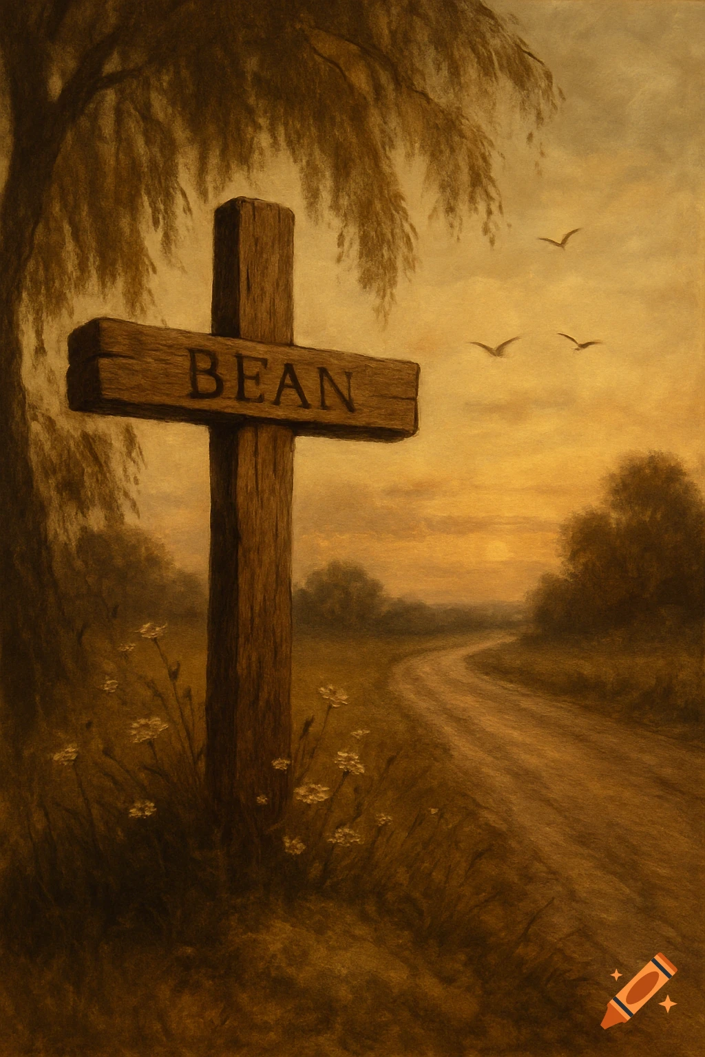 A sepia-toned painting of a wooden cross with "BEAN" carved on it, standing by a dirt road at sunset with a weeping willow.