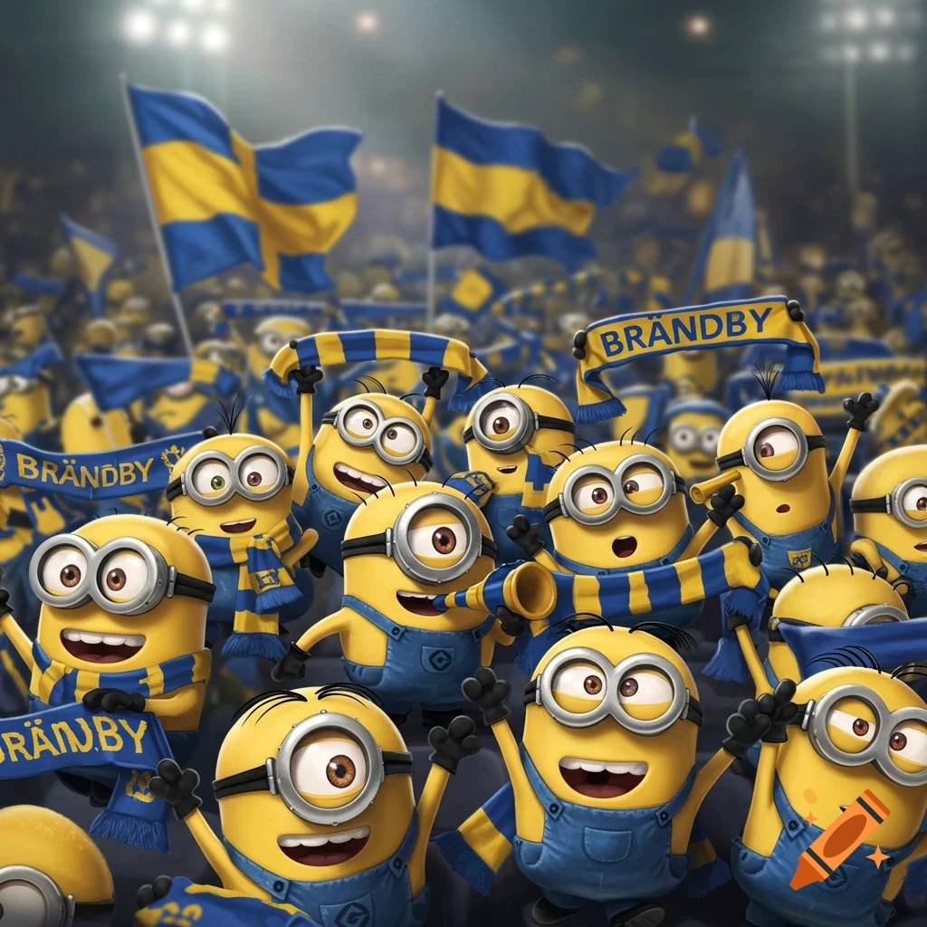 A stadium filled with Minions dressed as Brøndby football fans, wearing blue and yellow scarves, holding flags, and cheering.