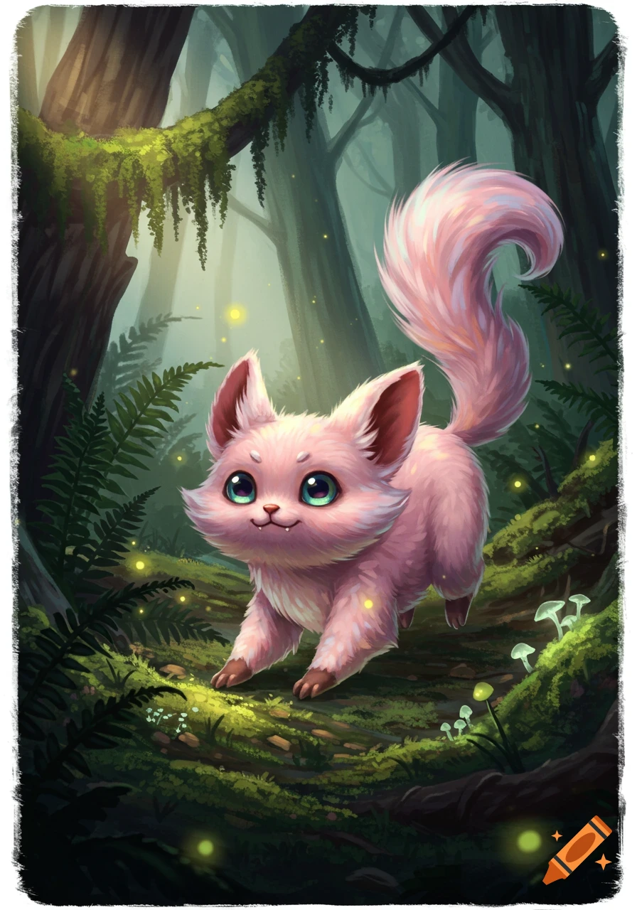 A cute pink fluffy fantasy creature with large green eyes and tiny fangs walks through a magical, glowing green forest.