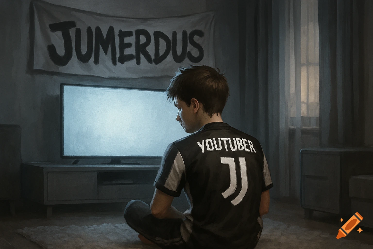 Digital painting of a person in a 'YOUTUBER' Juventus jersey, back to viewer, watching TV in a dim room with a 'JUMERDUS' banner.