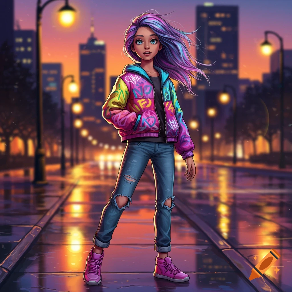 A vibrant illustration of a young girl with flowing multi-colored hair, wearing a graffiti-style jacket and ripped jeans, standing on a wet city street at sunset.