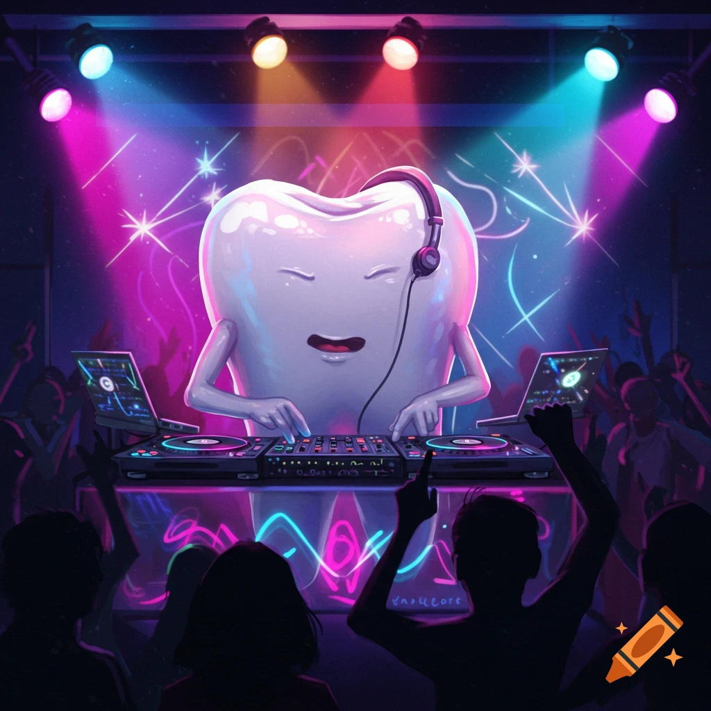 A cartoon tooth character wearing headphones DJs at a vibrant nightclub, with neon lights and a silhouetted crowd dancing.
