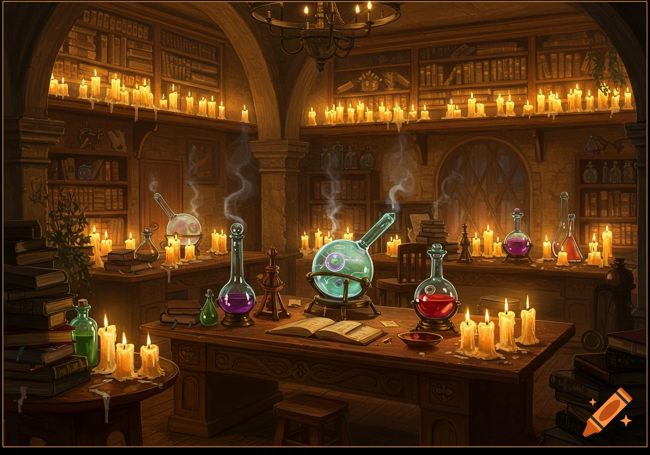 A detailed, atmospheric alchemist's workshop bathed in candlelight, filled with books, glowing potions in glass flasks and beakers.