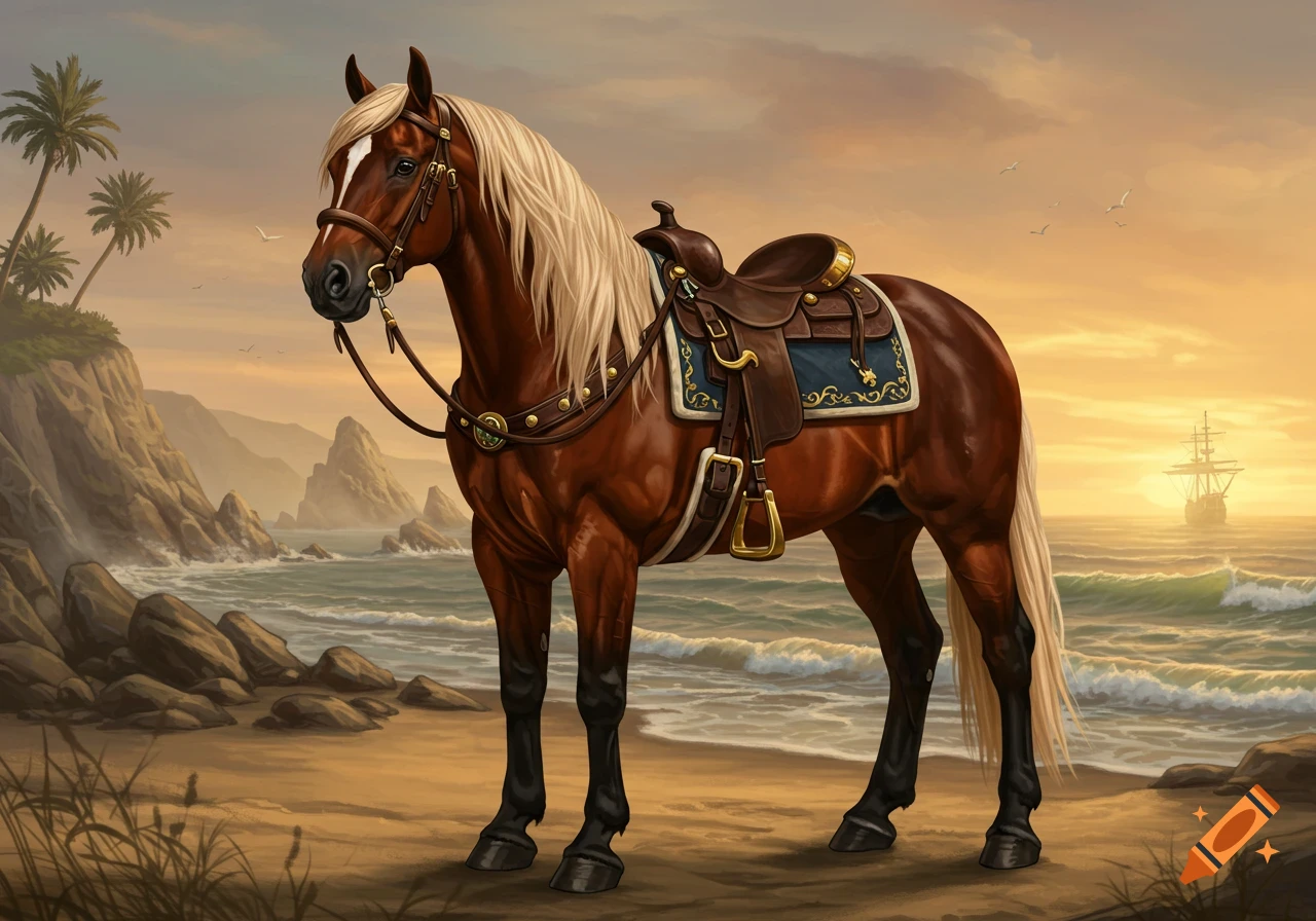 Digital painting of a brown horse with a blonde mane and saddle on a sandy beach at sunset, with ocean waves, cliffs, and a distant ship.