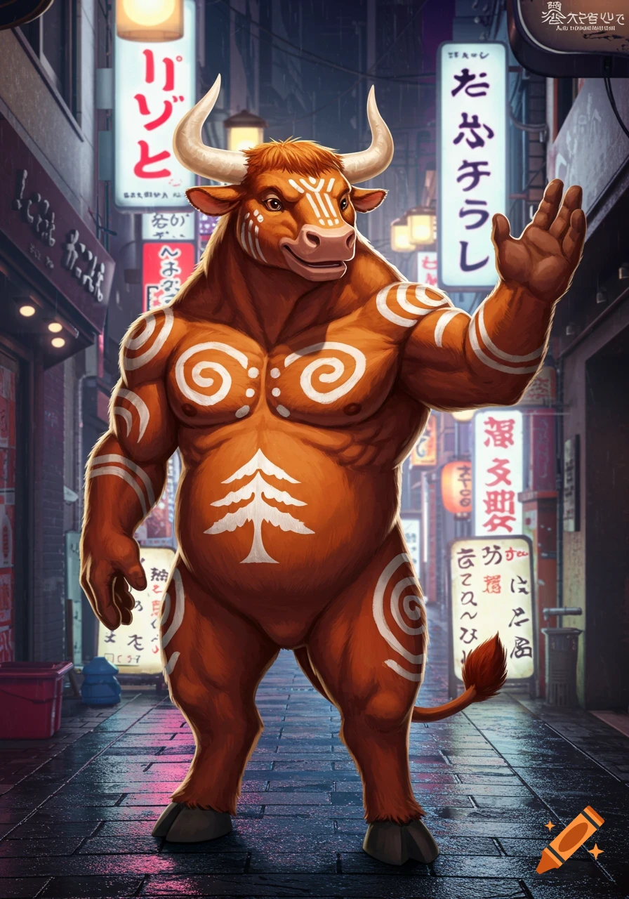 Happy, muscular ginger bull character with white tribal marks and a pine tree on his belly, waving in a neon-lit Japanese alley.
