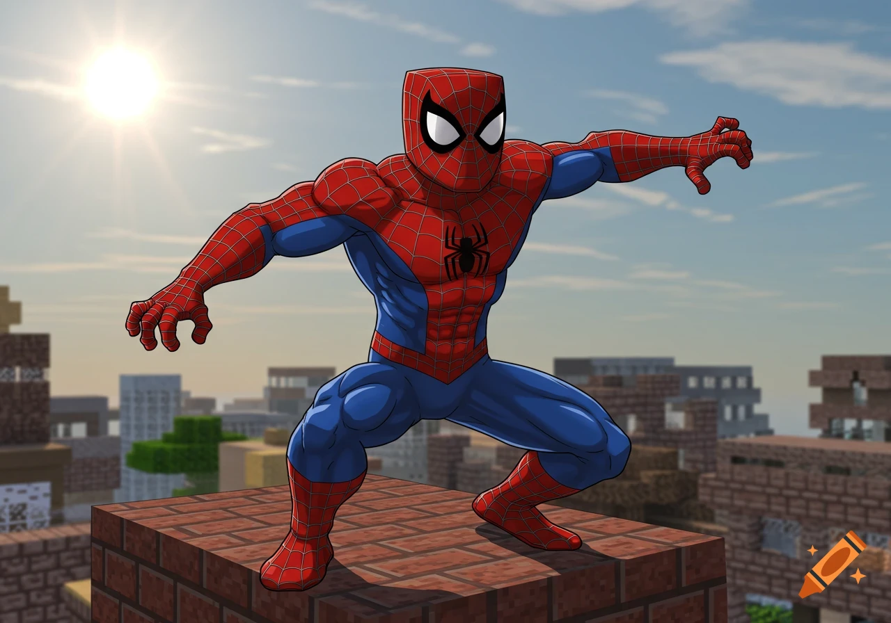 Spider-Man in his classic suit crouches on a brick block in a pixelated Minecraft city under a sunny sky.