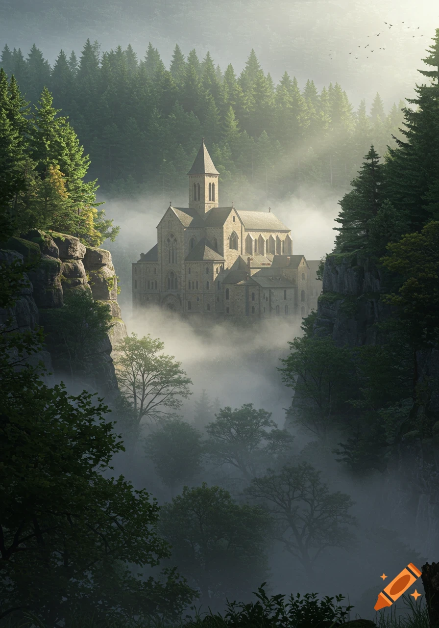 A majestic medieval monastery shrouded in mist, nestled deep within a lush valley surrounded by tall pine forests.