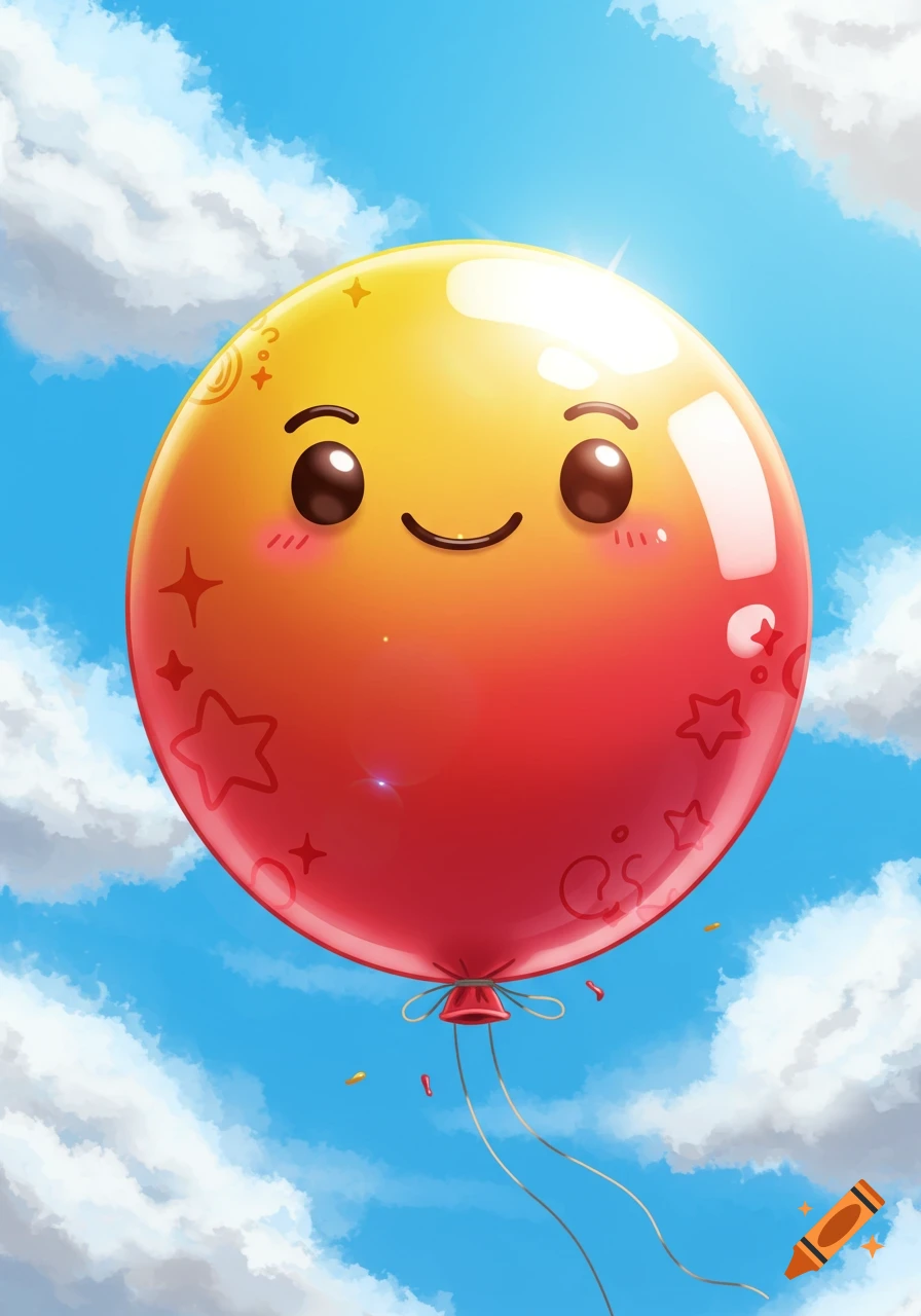 A smiling cartoon yellow and red balloon with star patterns floats in a bright blue sky with white clouds.