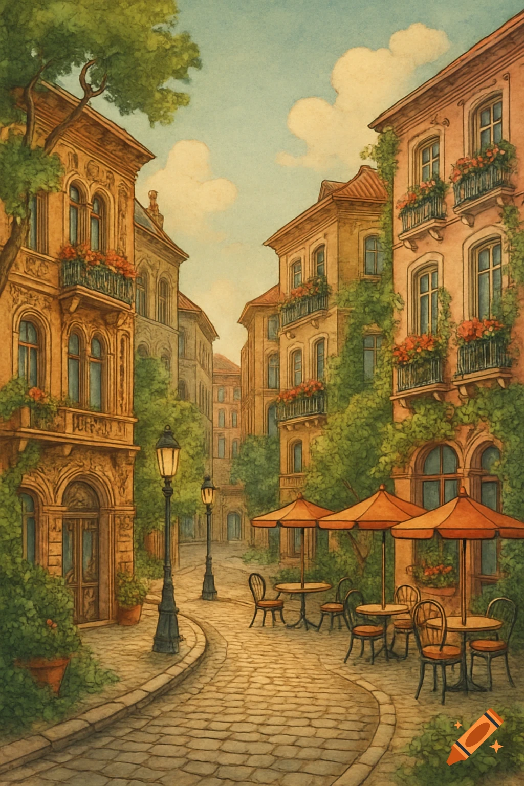 Vibrant watercolor of a charming European cobblestone street, old buildings, green vines, street lamps, and an outdoor cafe.