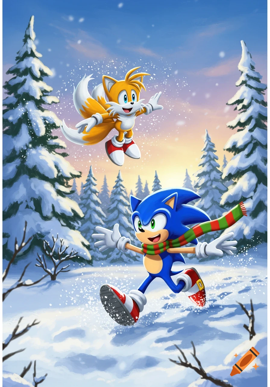 Vibrant cartoon illustration of Sonic the Hedgehog and Tails playing in a snowy forest with pine trees under a blue and orange sky.