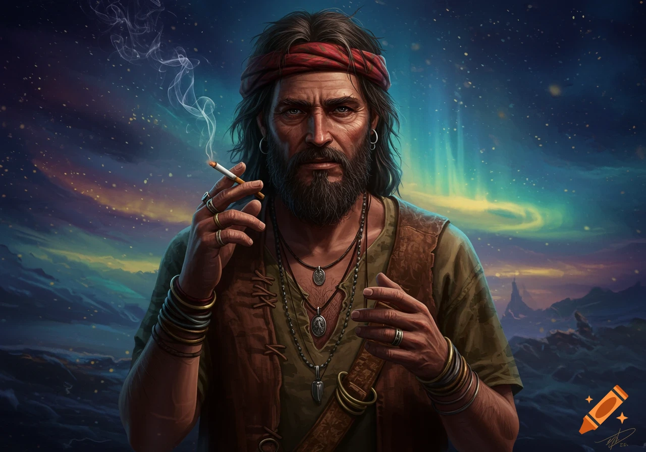 A grizzled man with a beard and red bandana smokes a cigarette under a starry night sky with an aurora. Digital art.