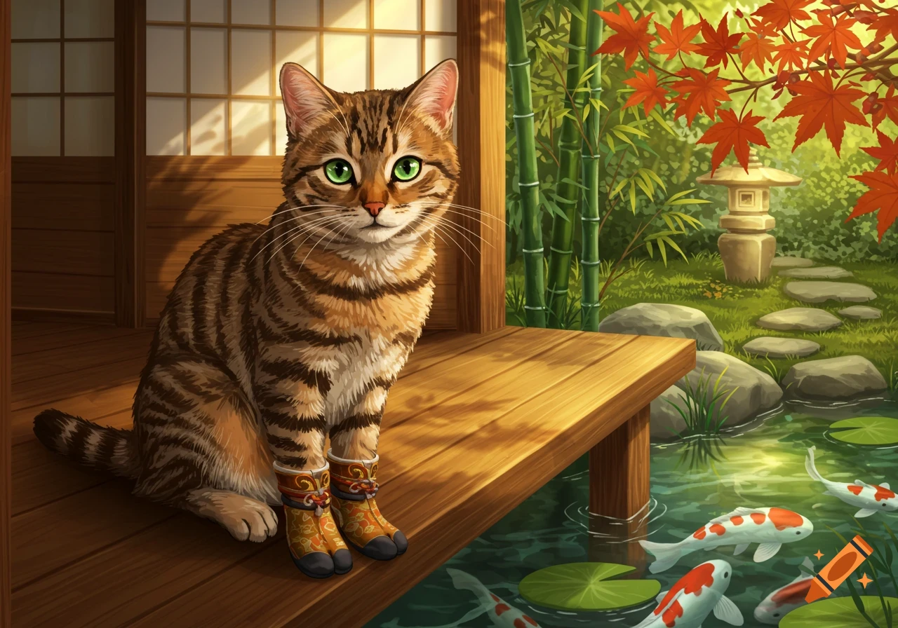 A tabby cat in Japanese tabi socks sits on a wooden deck by a koi pond in a vibrant Japanese garden.