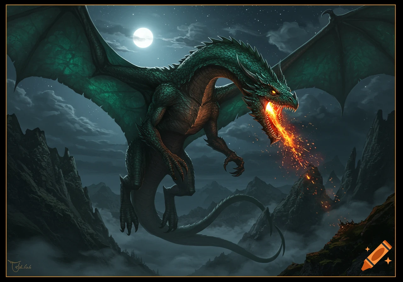 A realistic green dragon breathes fire while flying over misty mountains under a full moon at night.