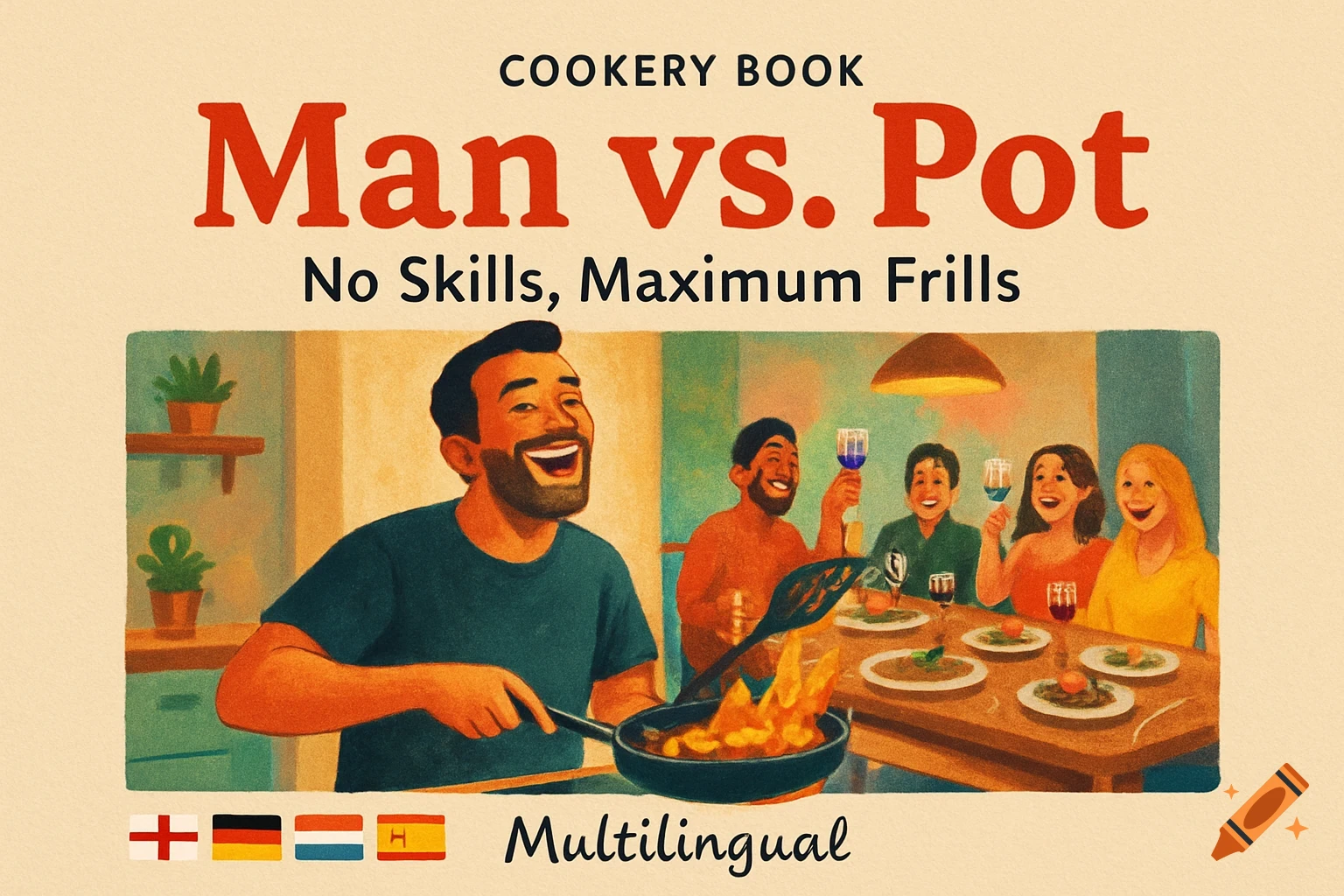 Cookery book cover with a man frying food, smiling, while friends gather at a table. Flags for England, Germany, Netherlands, and Spain are at the bottom.