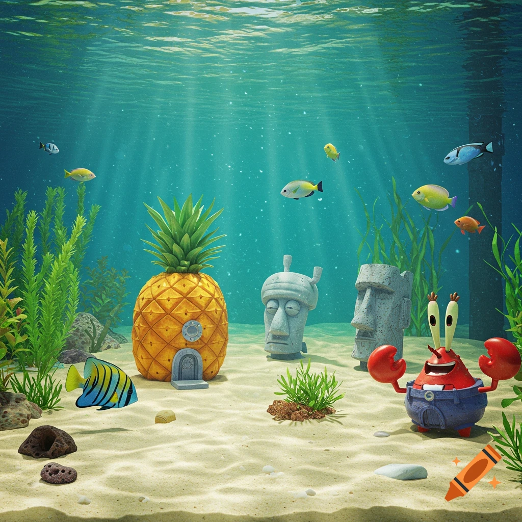 An underwater scene with SpongeBob's pineapple house, Squidward's Easter Island head, and Mr. Krabs in an aquarium.