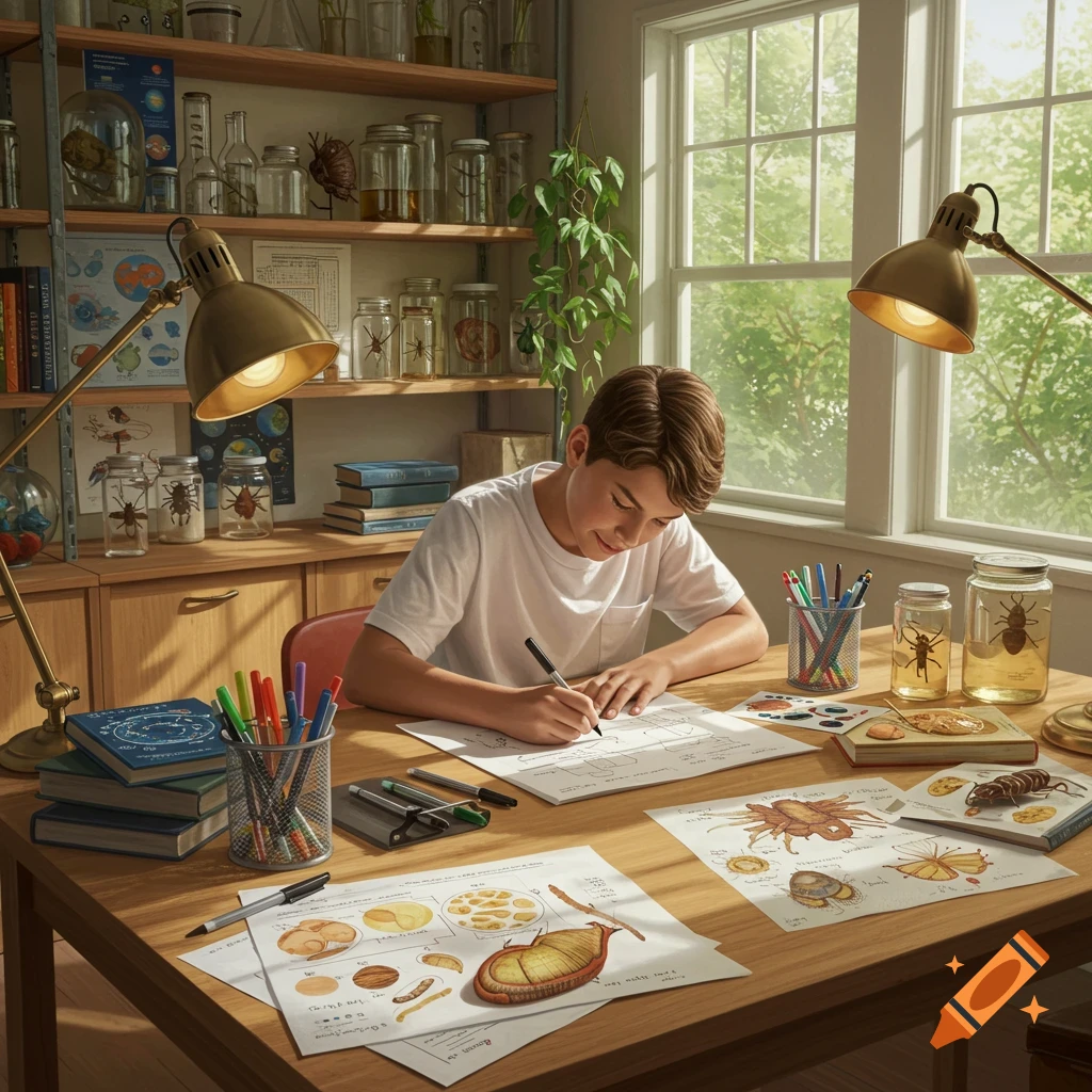 A boy studies natural sciences at a desk, drawing diagrams of insects, with jars of specimens and books around him.