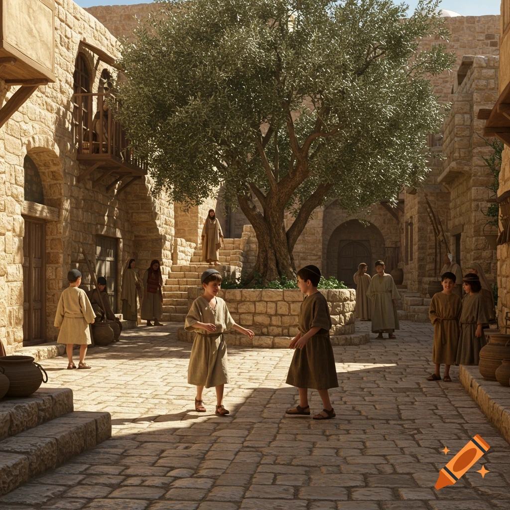 Children play in a bustling ancient stone town square with a large olive tree and traditional buildings under bright sun.