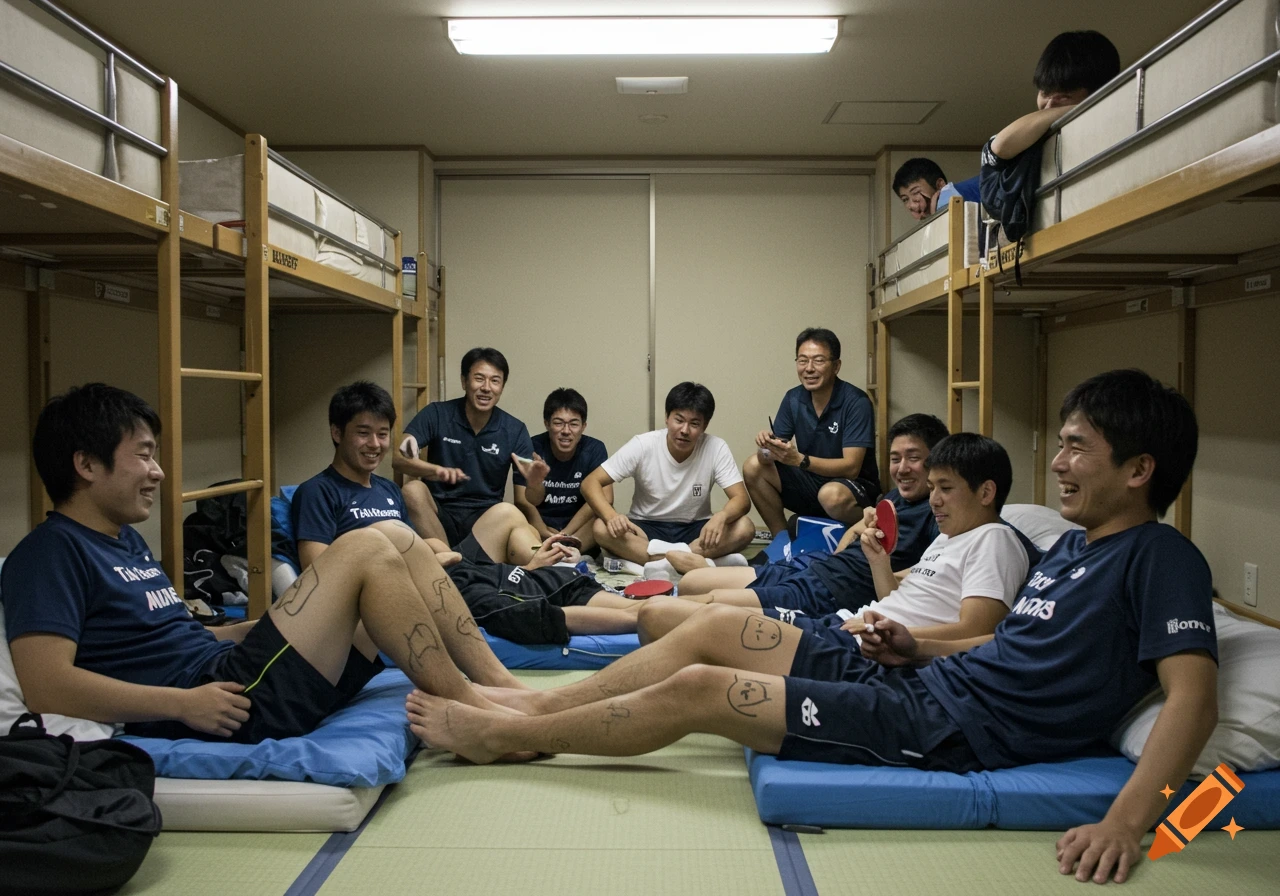 Japanese male university table tennis club members relaxing in their bunk bed dormitory room, some with doodles on their legs.