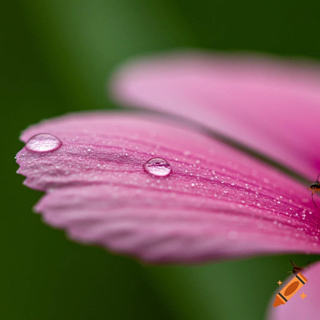 Hyper-realistic macro photo of a pink flower petal with two glistening dewdrops and a tiny ant antenna against a blurred green background.