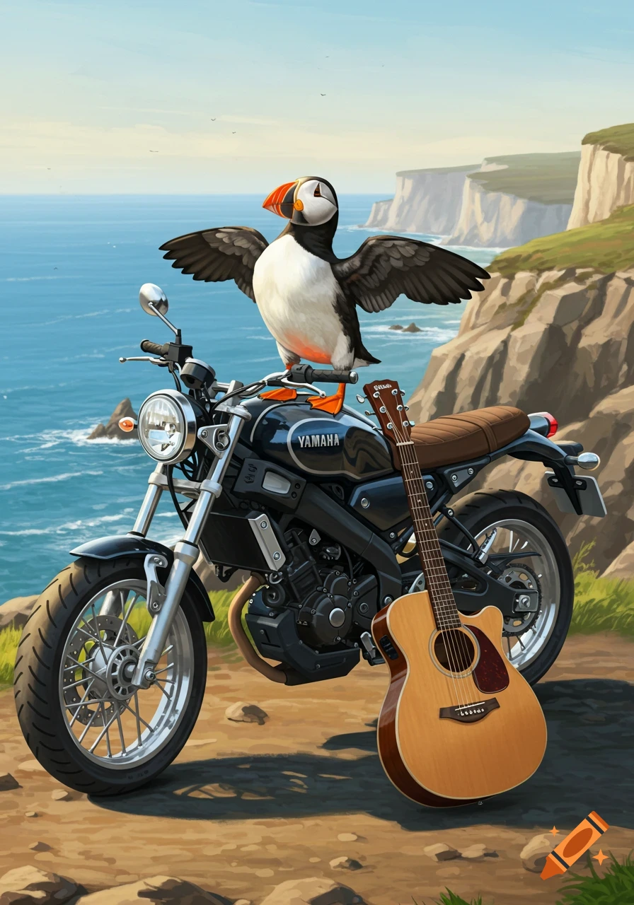 An illustration of a puffin standing on a black Yamaha motorcycle with a wooden acoustic guitar leaning against it, set against a coastal cliffside and ocean background.