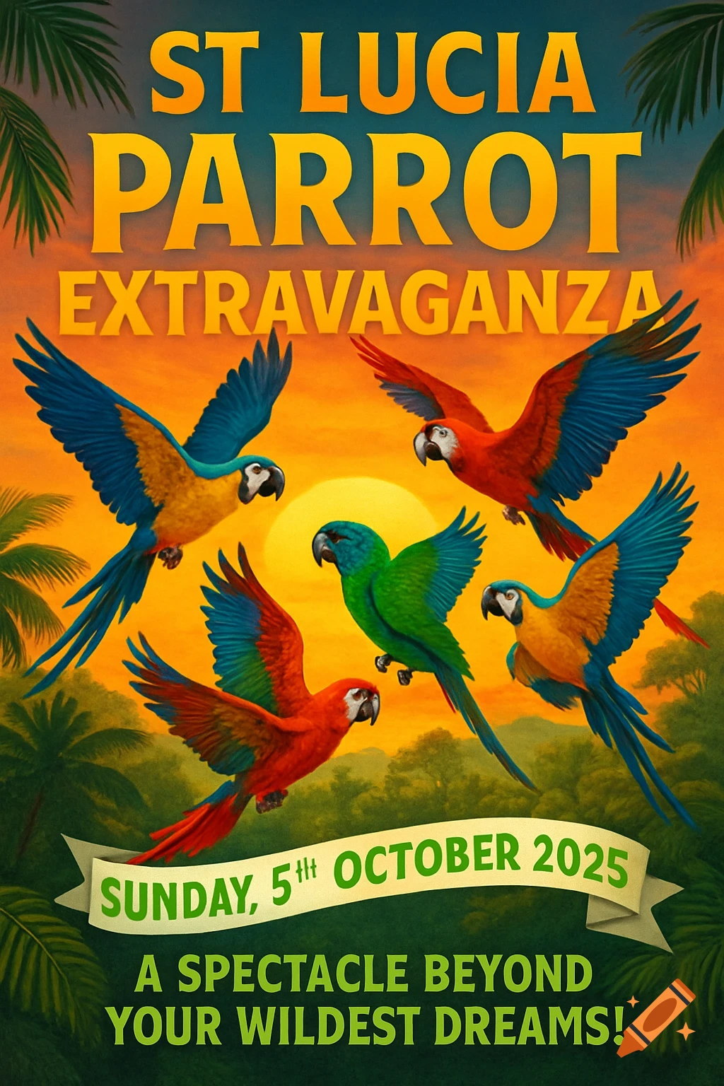 A colorful poster for the St Lucia Parrot Extravaganza, featuring five flying parrots over a tropical sunset landscape, with event date and title.