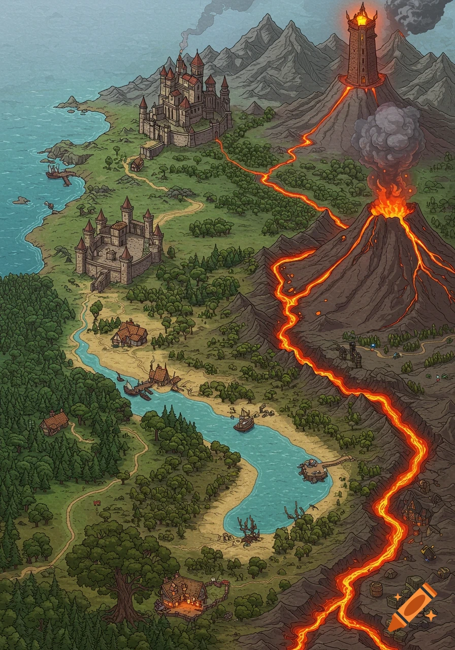 Detailed fantasy RPG map showing castles, a village, a river flowing to the sea, a volcano, and a magic tower.