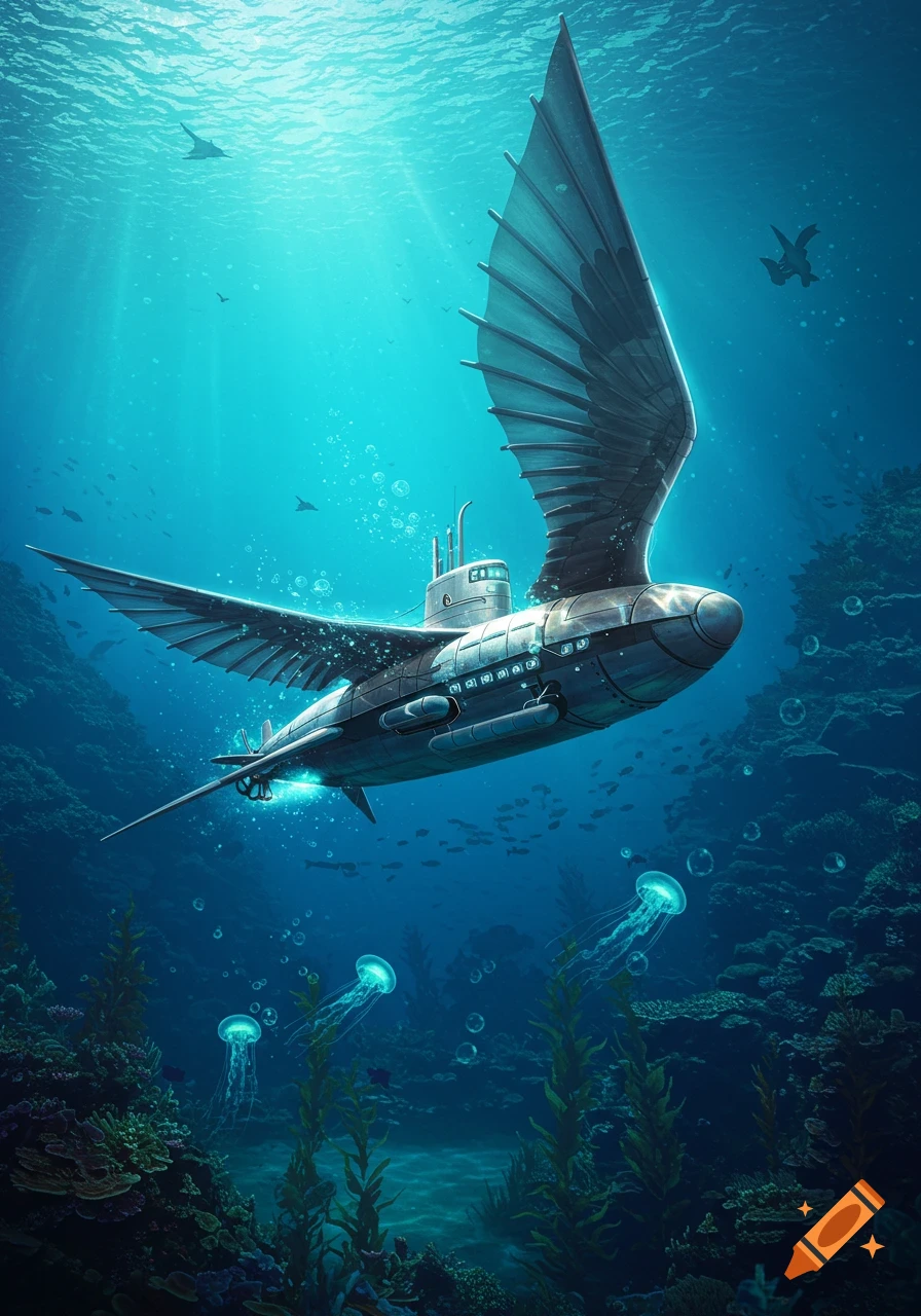A detailed illustration of a futuristic winged submarine gliding through a vibrant coral reef, with schools of fish and jellyfish.