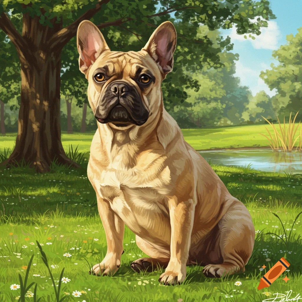 A tan French Bulldog sits attentively in a sunny grassy park with trees and a pond in the background, in a painted style.