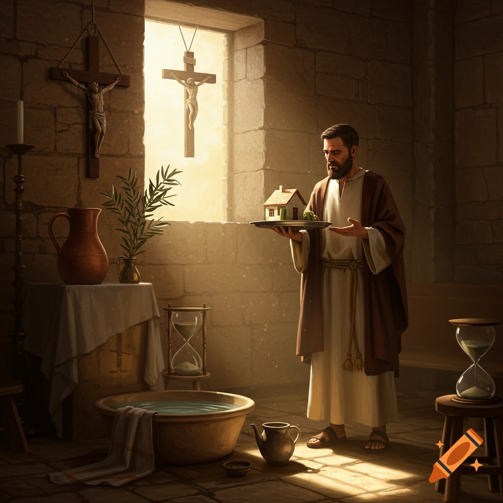 A man in ancient robes holds a miniature house on a platter in a stone room with crucifixes and religious artifacts.