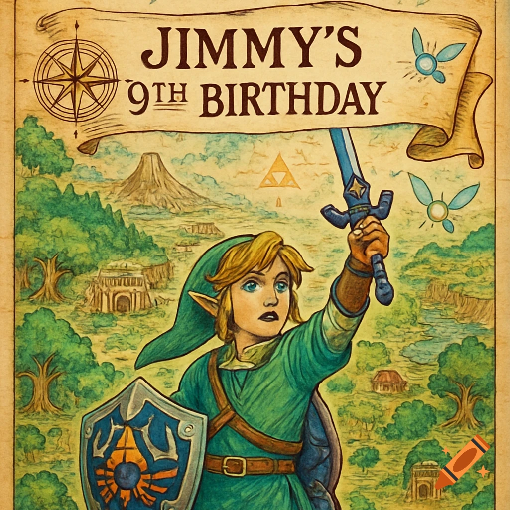 An old map-style illustration of Link from Legend of Zelda holding the Master Sword and a Hylian Shield, with a banner above reading "JIMMY'S 9TH BIRTHDAY".