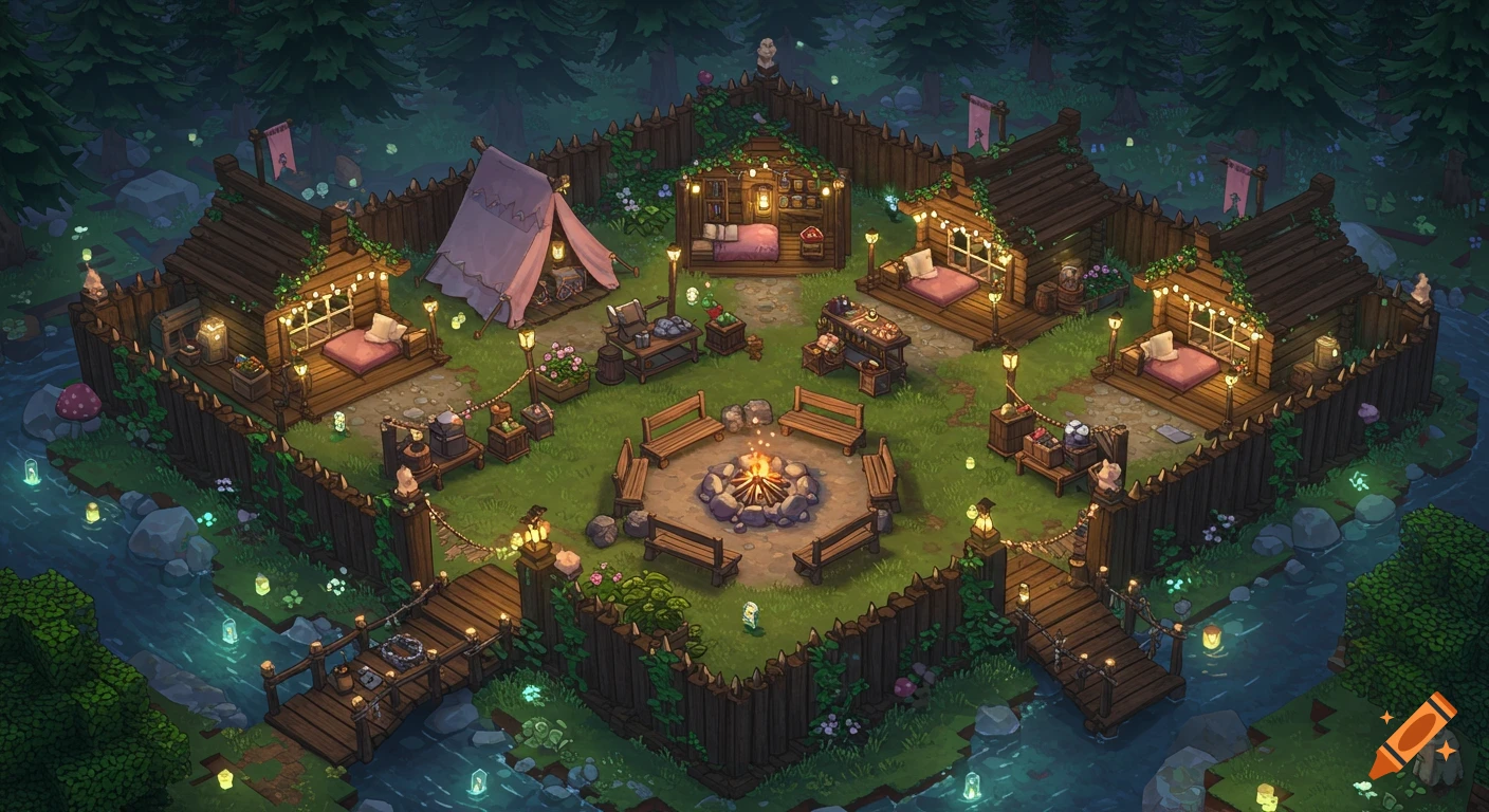 An isometric, cartoonish, cozy, fortified survival base at night in a lush forest clearing with wooden cabins, a campfire, bridges, and glowing lanterns.