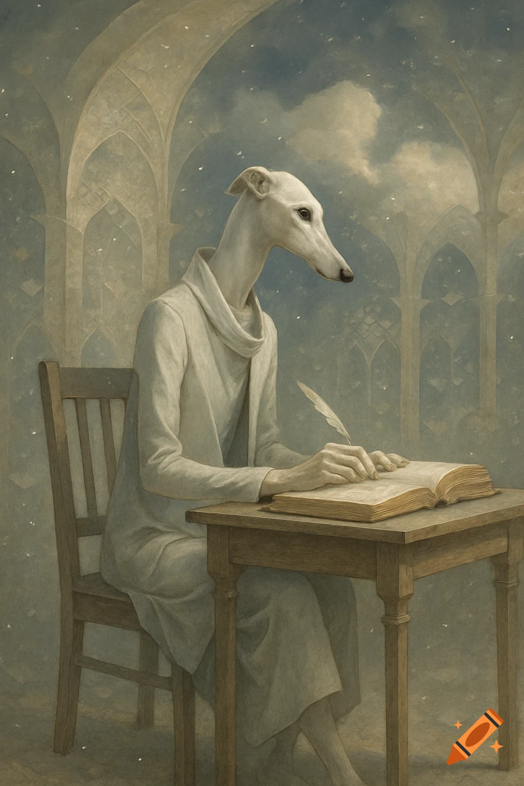 A surreal painting of a greyhound-headed figure in white robes writing in a book at a desk in a dreamy, arched interior.