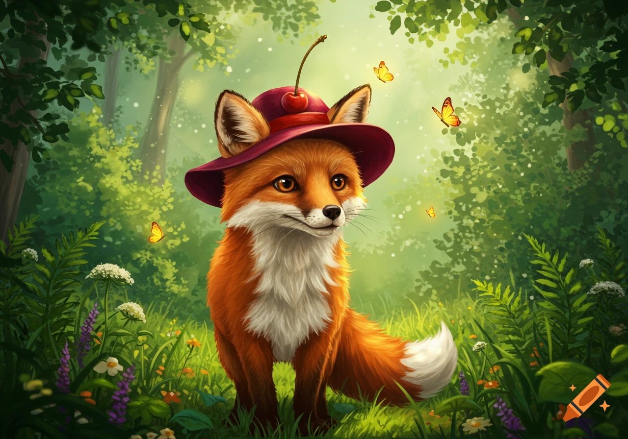 A cute, whimsical illustration of a fox wearing a red cherry hat, sitting in a vibrant green forest with flowers and butterflies.
