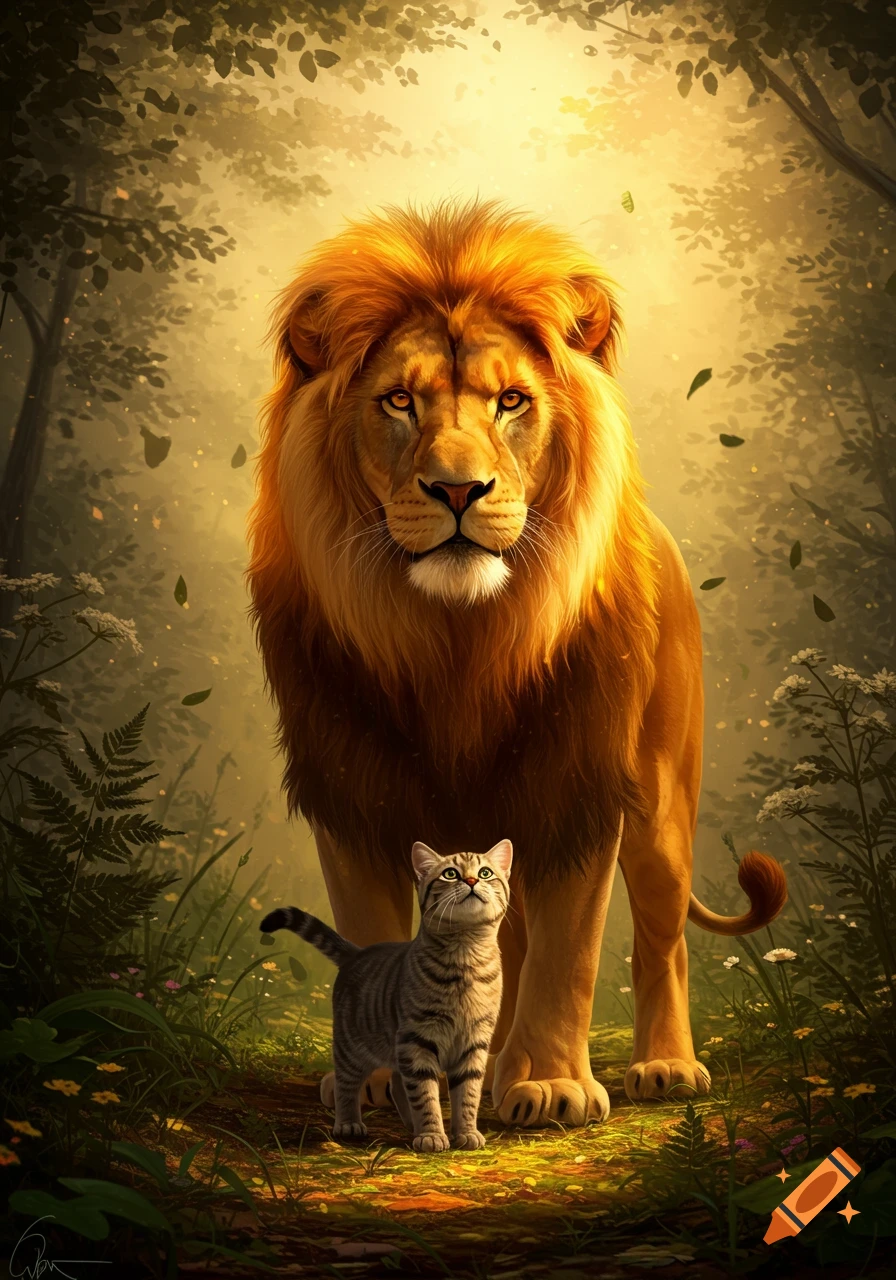 A majestic lion stands tall in a sun-dappled forest clearing, looking forward, while a small tabby cat looks up near its paws. Digital painting.