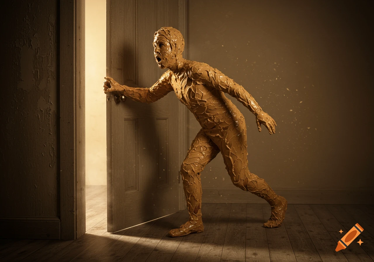 A person entirely covered in thick peanut butter peeks through a slightly ajar door in a dimly lit, sepia-toned room, looking surprised.