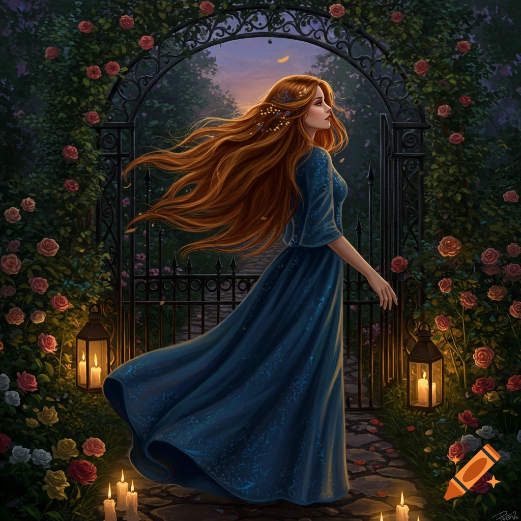 A woman with long red hair in a blue dress walks through a rose garden archway at dusk, lit by lanterns and candles.