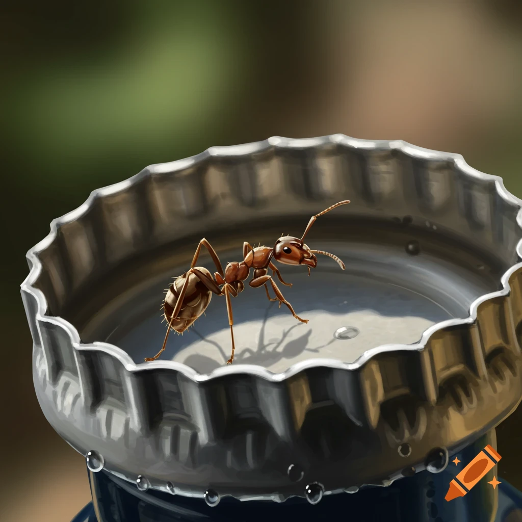 An ant walks across the inside of a metal bottle cap with water droplets, in a photorealistic style.