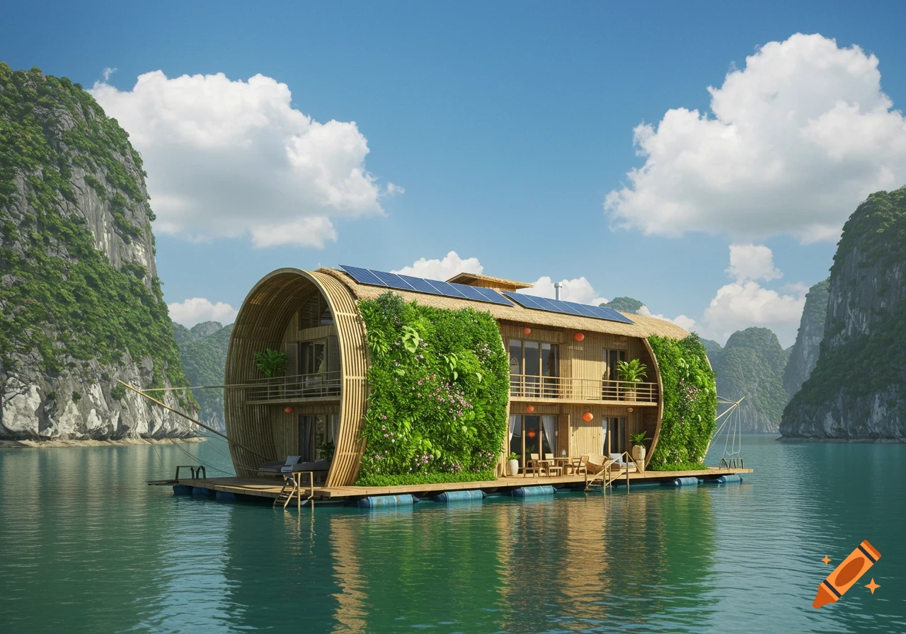 Photorealistic image of a modern floating house with bamboo, a green wall, and solar panels, on calm water amidst towering limestone karsts.