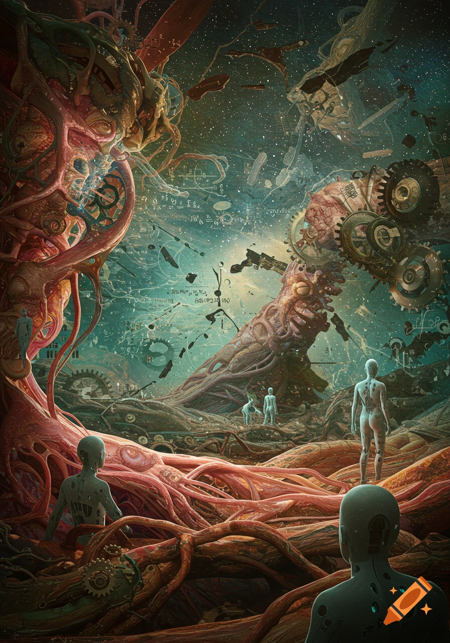 Surreal biomechanical landscape with humanoid figures, roots, gears, and cosmic sky with mathematical symbols, in Dave McKean style.