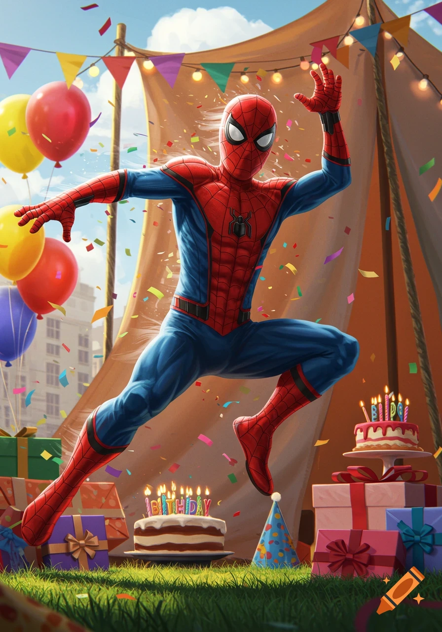 Spider-Man leaping energetically at an outdoor birthday party, surrounded by confetti, balloons, cakes, and presents in a vibrant comic art style.