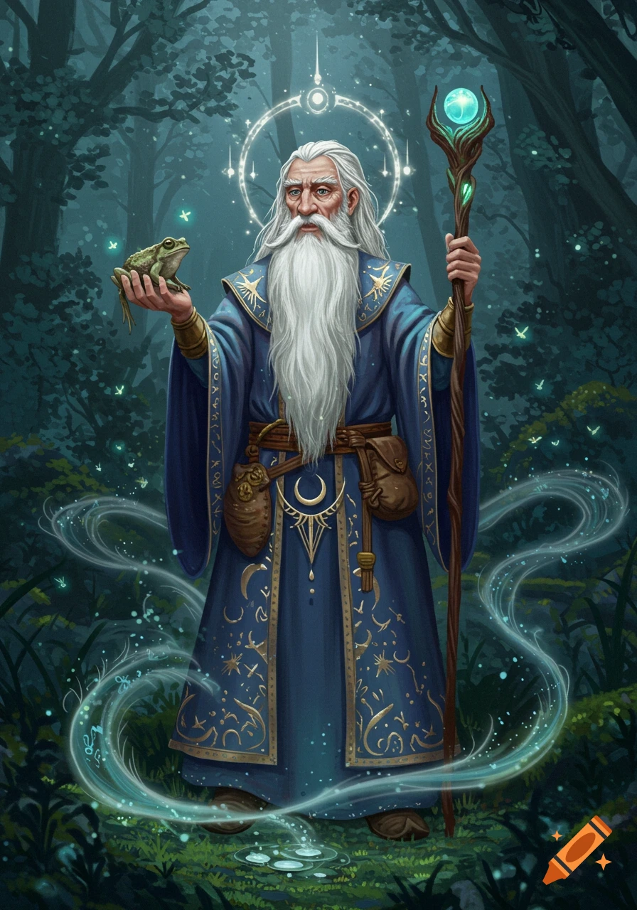 Old wizard with a long white beard, blue robes, holding a frog and a magical staff in a mystical forest.