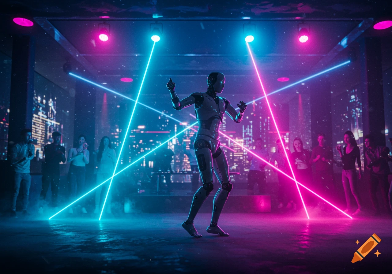 A humanoid robot dances under vibrant blue and pink laser lights in a dark, crowded nightclub with a city skyline backdrop.