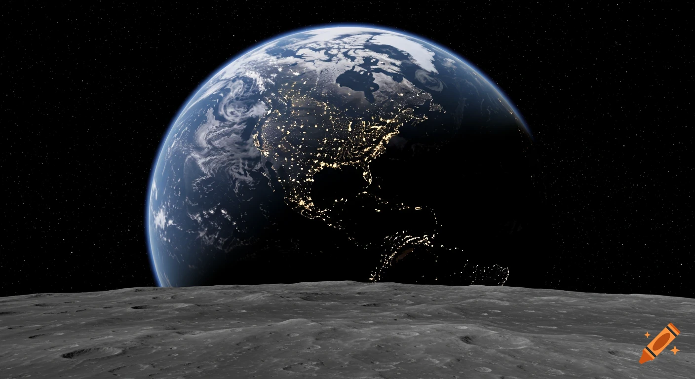 Photorealistic image of Earth at night with city lights visible, seen from the dusty, cratered surface of the Moon.