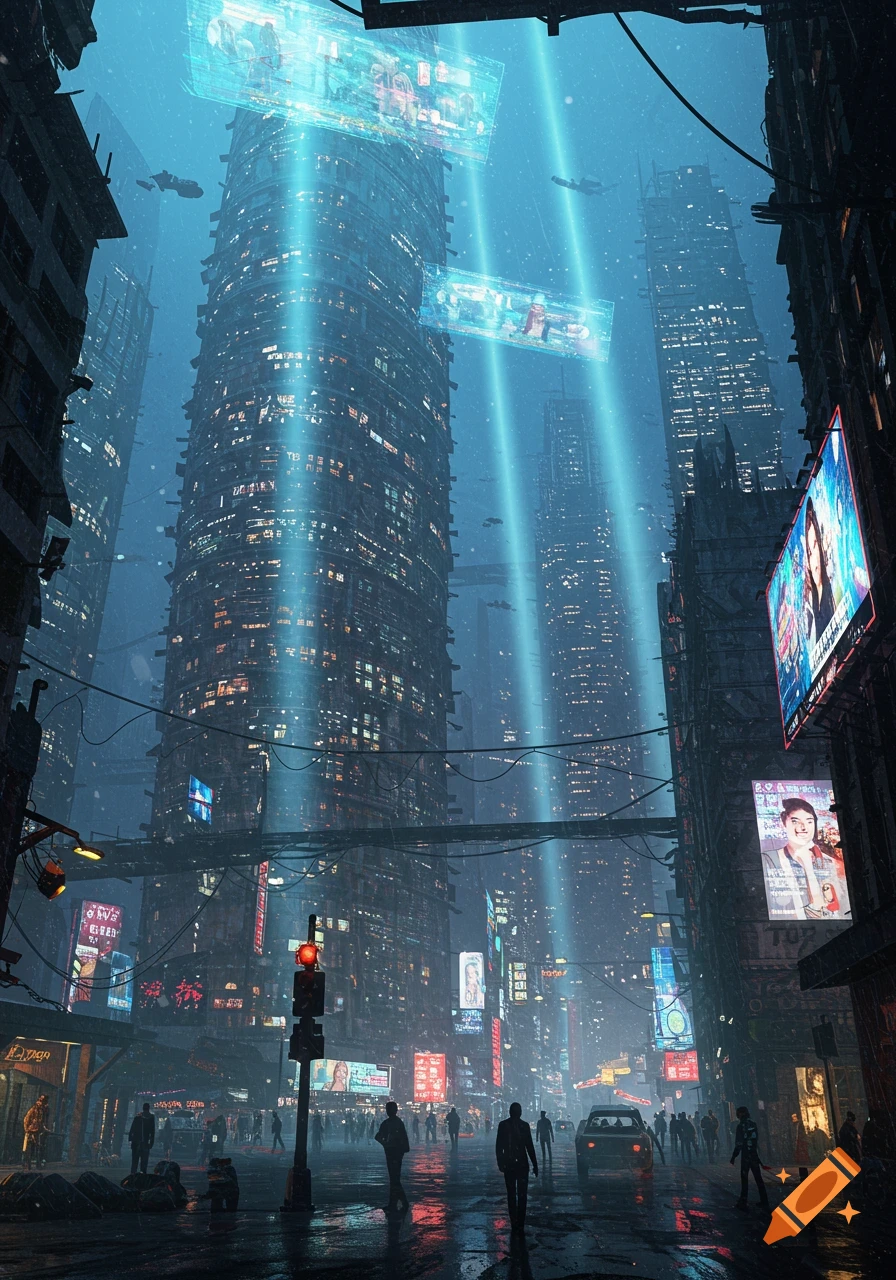 A futuristic, rain-slicked dystopian city street at night, with towering skyscrapers, holographic ads, and bustling crowds under blue neon light beams.